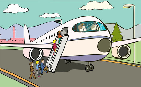 Airplane and passengers on the road. Cartoon style vector illustration.のイラスト素材