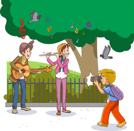 Children playing musical instruments in the park. Vector illustration of children playing musical instruments.のイラスト素材