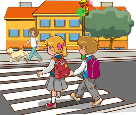 Children crossing the street at school. Vector illustration of kids crossing the street at school.のイラスト素材