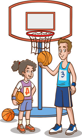 Illustration of a Kid Boy and Girl Playing Basketball with a Basketball Ballのイラスト素材