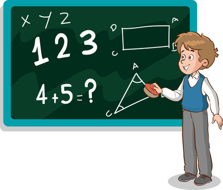 Illustration of a Kid Boy Pointing to a Blackboard with math formulasのイラスト素材