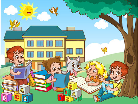 Vector Illustration of Kids Studying Outside the School Building and Reading Booksのイラスト素材