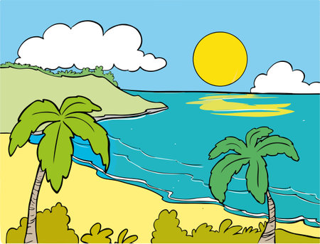 Illustration of a beach with palm trees and sun on the horizonのイラスト素材
