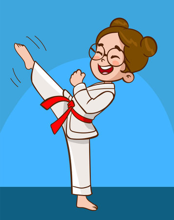 Cartoon illustration of a karate girl with a red belt.のイラスト素材