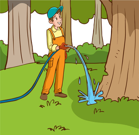 Vector illustration of a gardener watering the lawn with a hose.のイラスト素材