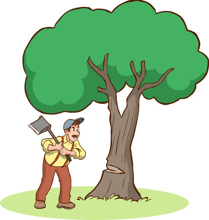 Illustration of a Gardener Holding a Hose and a Large Treeのイラスト素材