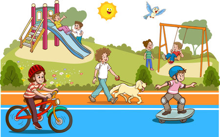 Children playing in the park on a white background. Vector illustration.のイラスト素材
