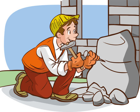 Illustration of a Man Working on a Laying Stone in His Houseのイラスト素材