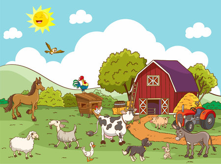 Farm with animals in cartoon style. Vector illustration of farm animals.のイラスト素材