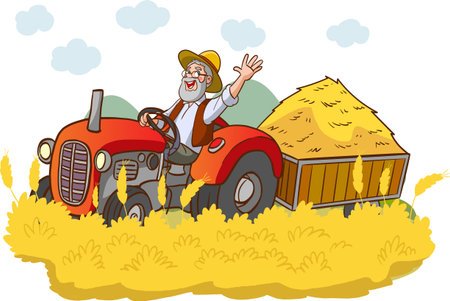Illustration of an Old Farmer Driving a Tractor with Haystackのイラスト素材