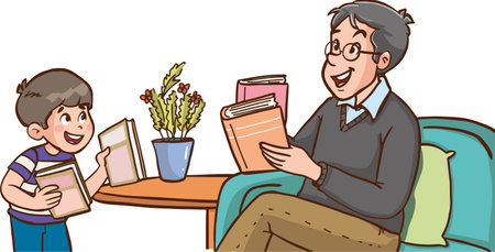 Illustration of a Grandfather and Grandson Reading Books at Homeのイラスト素材