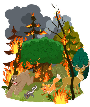Forest fire with wild animals. Vector illustration of a forest fire.のイラスト素材