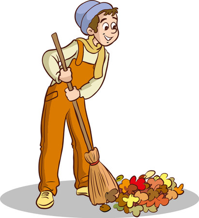 Cartoon Illustration of a Gardener Cleaning the Autumn Leavesのイラスト素材