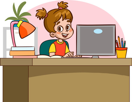 Girl working at the computer in the office. Vector cartoon illustration.のイラスト素材