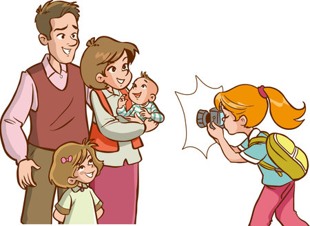 Illustration of a Happy Family Taking Pictures of Their Baby Boy and Girlのイラスト素材
