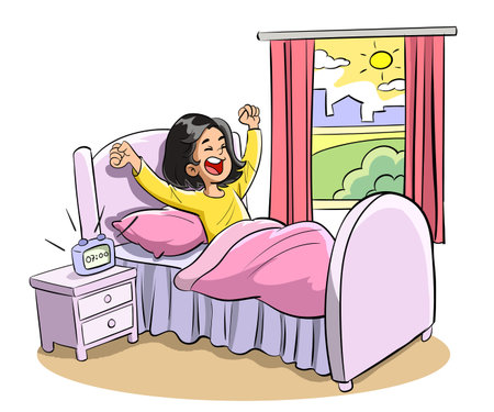 Illustration of a woman waking up in the morning with a clockのイラスト素材