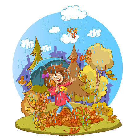Vector illustration of a girl in a raincoat with a broom in the autumn forestのイラスト素材