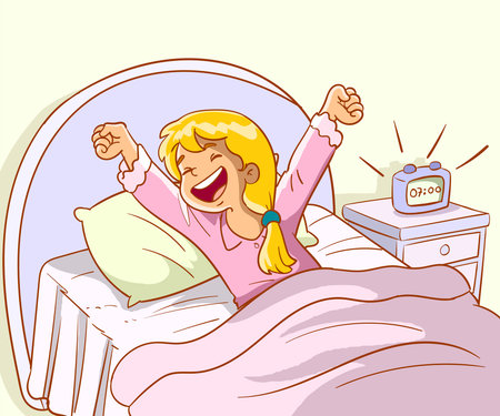 Happy woman waking up in the morning in bed. vector illustration.のイラスト素材