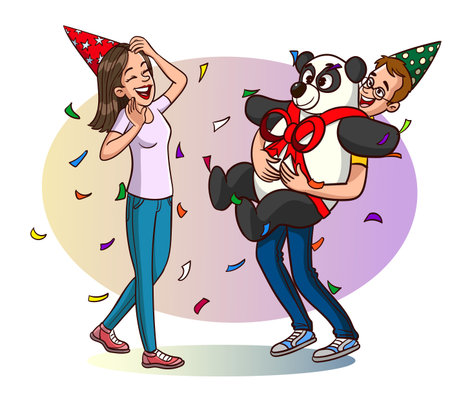 birthday party with a panda bear and a girl, vector illustrationのイラスト素材