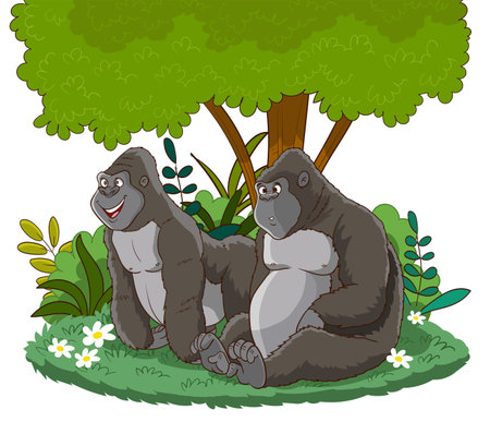 Gorilla and gorilla sitting on the grass. vector illustration.のイラスト素材