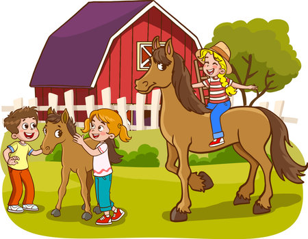 Illustration of Kids Playing with Their Horses in Front of a Red Barnのイラスト素材