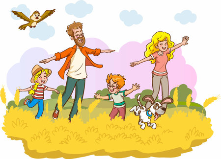Happy family having fun in the meadow. Vector illustration of a happy family.のイラスト素材