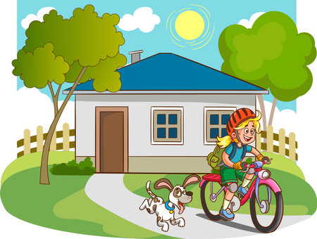 Girl riding bicycle with her dog in front of the house illustration.のイラスト素材