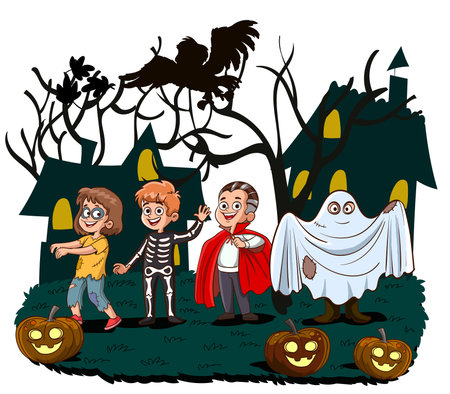 Illustration of a group of kids in costumes at the Halloween partyのイラスト素材