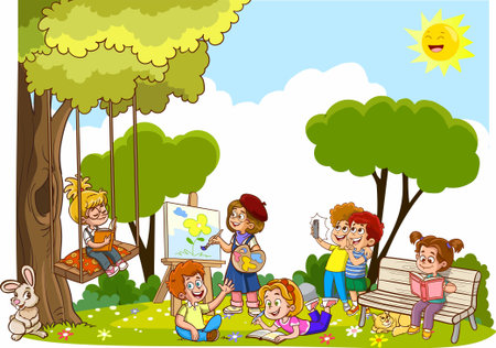 Illustration of Stickman Kids Reading a Book and Playing in the Parkのイラスト素材
