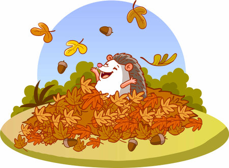 Cartoon hedgehog in autumn leaves. Vector illustration of a hedgehog.のイラスト素材