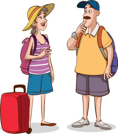 Vector illustration of a couple of tourists with a backpack and a hatのイラスト素材