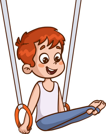 Cute boy swinging on a swing. Vector clip art illustration with simple gradients. All in a single layer.のイラスト素材