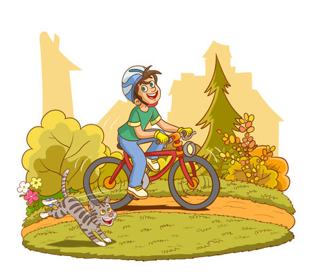 Girl riding a bicycle in the park with a cat. vector illustration.のイラスト素材