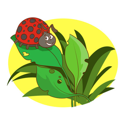 Ladybug on a green leaf. Cute cartoon vector illustration.のイラスト素材