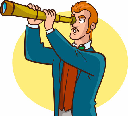 Businessman looking through a telescope. Vector illustration in cartoon style.のイラスト素材