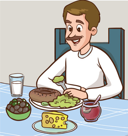 Illustration of a Man Enjoying a Meal at His Home.のイラスト素材