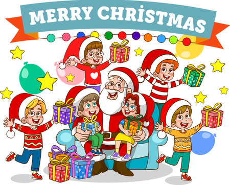 Merry Christmas Greeting Card with Santa Claus and Christmas Charactersのイラスト素材