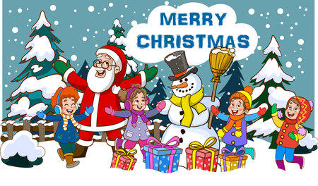 Merry Christmas greeting card with Santa Claus, Snowman and children. vector illustration.のイラスト素材