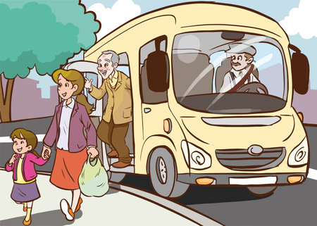 illustration of a family going to school with a bus on the backgroundのイラスト素材