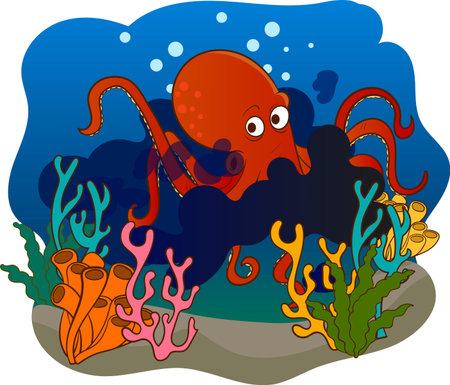 Illustration of octopus swimming in the ocean with corals on the backgroundのイラスト素材