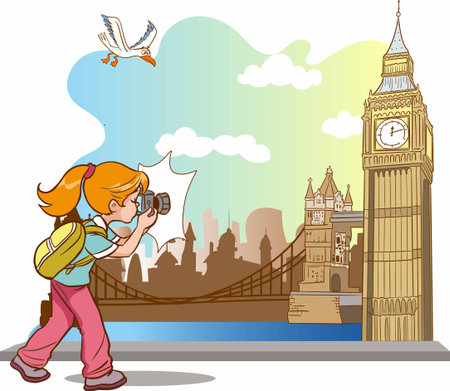 Girl with camera taking photo of Big Ben in London, vector illustrationのイラスト素材