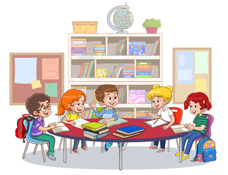 Group of children studying in the classroom. Vector illustration in cartoon style.のイラスト素材