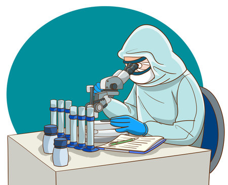Scientist working with microscope and test tubes in laboratory. vector illustration.のイラスト素材