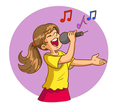 Cartoon girl singing into a microphone. Vector clip art illustration.のイラスト素材