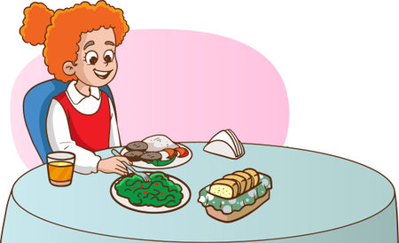 Illustration of a Girl Eating a Meal at a Table with a Food Trayのイラスト素材