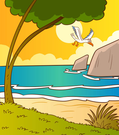 Seagull flying over the sea. Seagull on the cliff. vector illustrationのイラスト素材