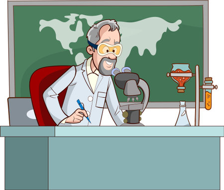 Vector illustration of a scientist working in his laboratory with a microscope.のイラスト素材