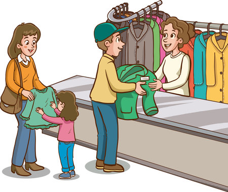 Cartoon illustration of a family buying clothes at a clothing store.のイラスト素材