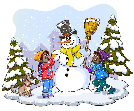 Illustration of a Group of Kids and a Snowman in Winterのイラスト素材