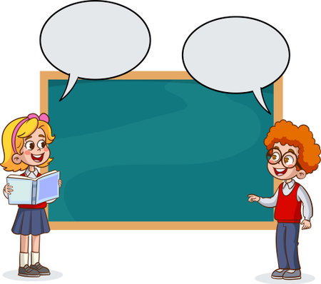 Boy and girl at the blackboard with speech bubbles. vector illustrationのイラスト素材